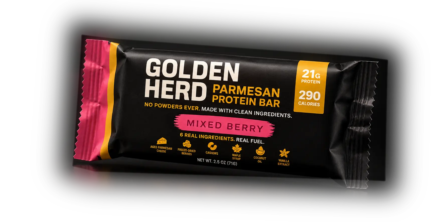 Golden Herd Mixed Berry Parmesan Protein Bar package: 21g protein, 290 calories, 6 real ingredients, net weight 2.5 oz (71g).